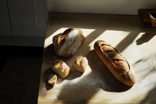 An array of artisanal bread displayed on a rustic wooden countertop. Featuring texture and warmth
