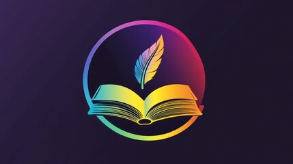 Colorful open book with feather graphic design, inspirational, learning, education, logo