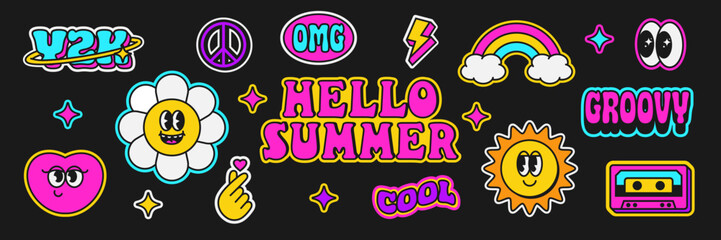 Colorful trendy sticker pack. Cartoon stickers in funky hipster groovy grunge 90s style. Y2k Patches Collage.