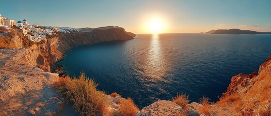 Sunset over Santorini's caldera. Breathtaking view.