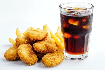 Fried Chicken Nuggets, French Fries, and Soda on White Background