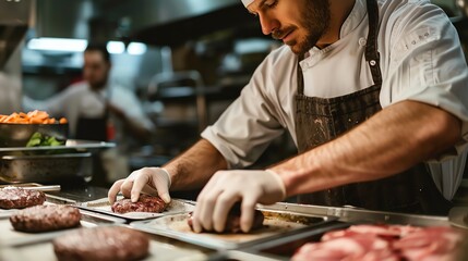 Fototapeta premium A chef in a white uniform and gloves is carefully preparing a steak in a commercial kitchen.