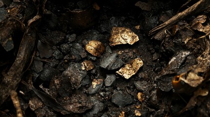 Dark earth, scattered leaves, and golden fragments. Close up view