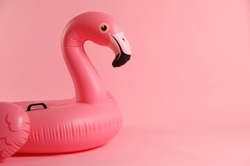 Inflatable flamingo shaped ring on pink background, space for text © New Africa