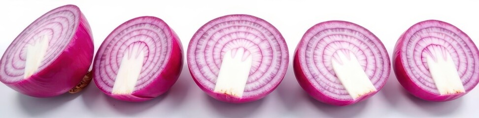 Sliced red onion, concentric rings, clean white background, sharp focus, detail