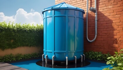 Obraz premium A bright blue water tank elegantly positioned on a matching blue platform illustrating modern water storage solutions