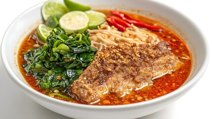 Spicy Thai Tom Yam Pla Soup with Fish, Herbs, and Garnishes