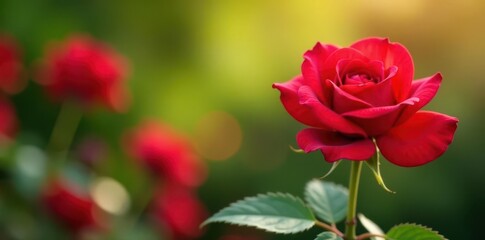 Obraz premium Vibrant red rose, blurred summer garden backdrop, natural beauty, garden