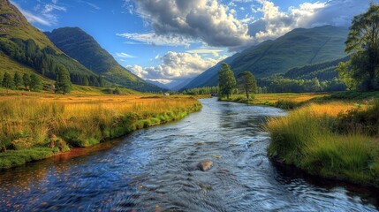Fototapeta premium river surrounded by the mountains and meadows in scotland