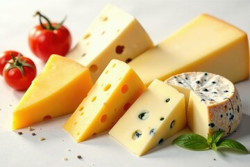 Assortment of Italian cheeses on white backdrop , dairy, ricotta, plate