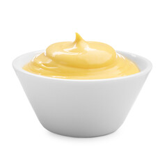 Tasty cheese dipping sauce in bowl on white background