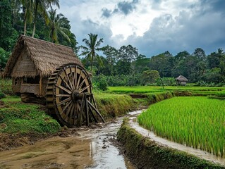 Obraz premium A farmer walking along the edge of a rice field, checking the water level and soil condition