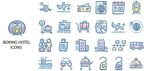 Boking Hotel simple concept 24 hand drawn color icons set. Contains such vacation, journey, hotel, making a reservation, mobile app, restaurant .Vector illustration.