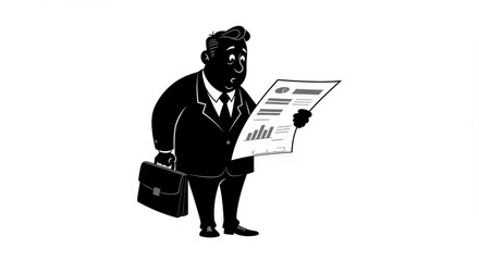 Cartoon Accountant Reviewing Financial Report - A cartoon silhouette of an accountant reviewing financial reports, symbolizing analysis, finance, business, planning, and success