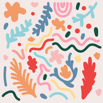 Multi-colour Botanical Abstract Floral Vector Illustration Background Set with Flowers, Leaves, Plants and Wavy Lines