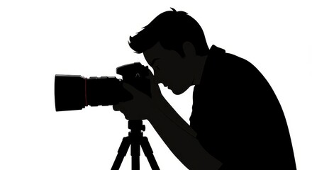 Photographer Silhouette Adjusting Camera on Tripod - A silhouette of a photographer meticulously adjusting camera settings on a tripod, symbolizing focus, precision, artistry, dedication