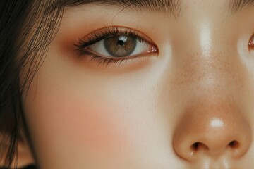 Fototapeta premium Close-up view of an individual showcasing captivating green eyes and smooth skin with natural makeup on a sunny day
