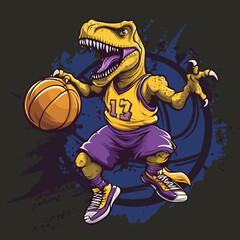 扁平化卡通强壮恐龙暴龙打篮球紫色13号