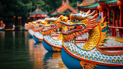 Vibrant Dragon Boats Lined Up on Calm Waters – Traditional Asian Festival Scene. Generative AI