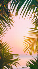 Palm Fronds and Sunset: A vibrant sunset is framed by the intricate patterns of verdant palm fronds, creating a captivating display of natural beauty.