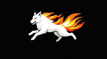 Running white wolf with flames, stylized illustration, isolated on black background. Possible use Logo, graphic design