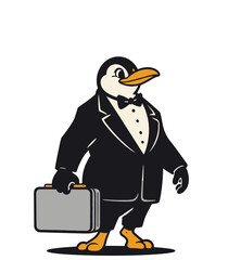 PrintA dapper penguin in a tuxedo holding a briefcase, mascot for a professional networking site.
