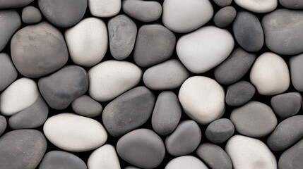 Fototapeta premium Smooth gray and white stones arranged in a pattern on a flat surface for decorative use in landscaping or design projects