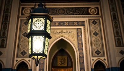 Obraz premium Hanging Lantern Illuminates Ornate Arches and Islamic Calligraphy Detail