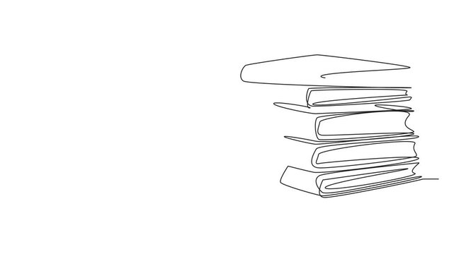 Animated self drawing of continuous line drawing a man in casual clothes leaning on a big stack of books. Taking a short break. Officer. National Librarian Day. Full length single line animation