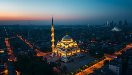 Fototapeta premium Illuminated Mosque in Cityscape at Dusk with Tower and Dome
