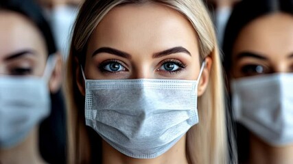 Women wearing masks during a health event indoors in a large crowd environment