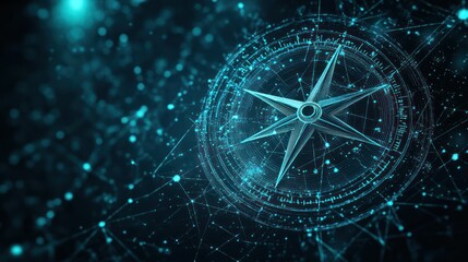 Digital compass navigating network, cosmic background, guidance concept