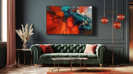 Elegant living room with velvet couch, abstract art on the wall, and a statement floor lamp