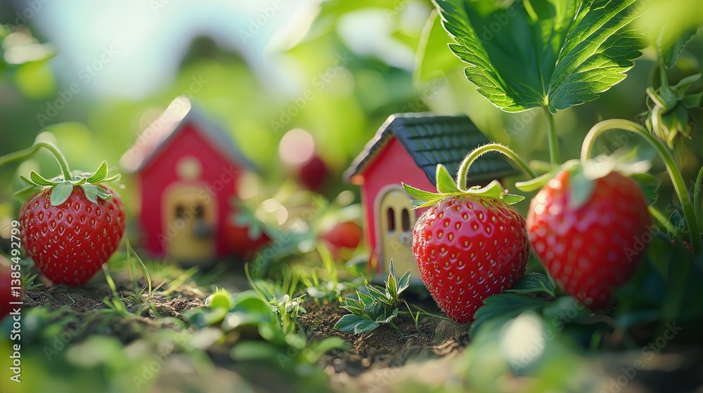 Poster a strawberry field where each berry has a tiny house door.