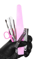 Woman with manicure tools on white background, closeup