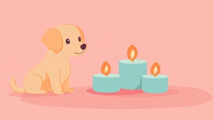 Cute puppy and candles on pink background. Possible use children's book illustration