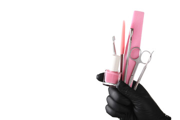 Woman with manicure tools on white background, closeup