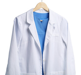 Doctor's coat on hanger against white background