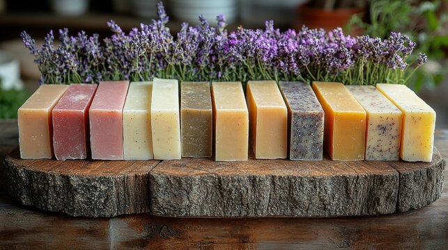 Handcrafted soaps arranged on a wooden board with lavender for a natural and aromatic display in a cozy workshop setting