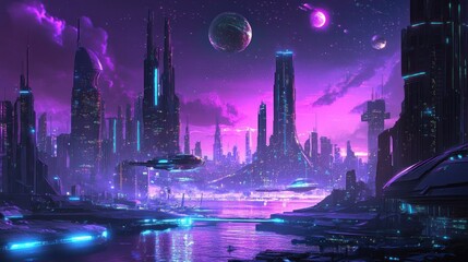 Obraz premium Neon-lit futuristic cityscape with holographic reflections and flying vehicles under a vibrant sky