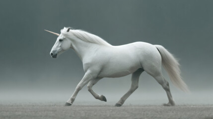 Fototapeta premium A majestic white unicorn trots through a misty landscape, showcasing its mythical beauty and grace.