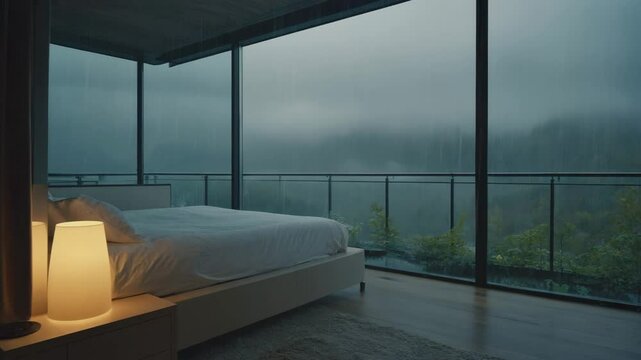 Soft rain traces gentle patterns down the windowpane, blurring the view beyond, while warm golden light fills the room with a sense of comfort and calm.


