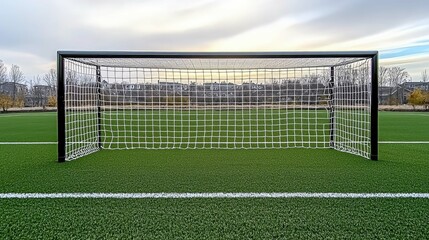 Soccer Goal on a Lush Green Field: Ready for the Big Game! This image showcases a soccer goal on a well-maintained turf field, ready for an exciting match. 
