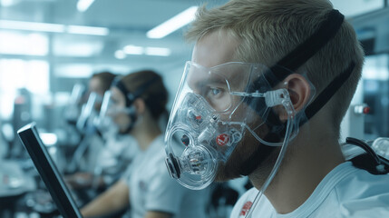 Technological Conditioning: A focused individual wearing a cutting-edge respiratory mask engages in intense physical activity in a sterile, high-tech environment.
