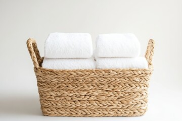 Obraz premium Organized cotton towels in a woven basket arranged in a minimalist bathroom setting for a clean and soothing atmosphere