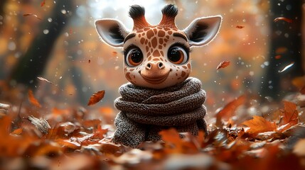 Obraz premium Adorable Baby Giraffe in Autumn Leaves: A Cozy Fall Scene