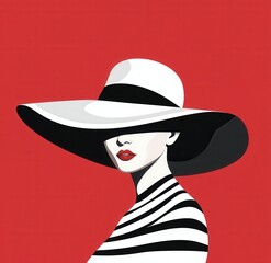 Bold vector illustration of a fashionable woman wearing a wide black-and-white striped hat and dress, set against a vivid red background.
