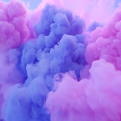 Colorful smoke billows in the air against a light blue backdrop
