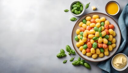 Freshly harvested tomatoes with aromatic basil accompanied by a bowl of tangy mustard sauce on a rustic plate