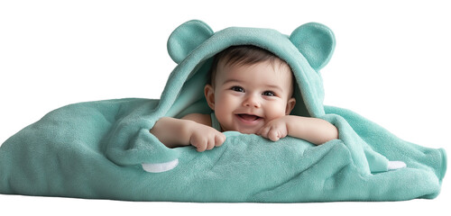 A newborn baby wrapped snugly in a soft green towel